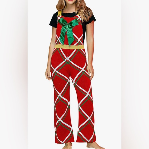 Eyeshadow Pants - EYESHADOW Christmas Knit Bow Holiday Party Jumpsuit Bib Overalls size M New